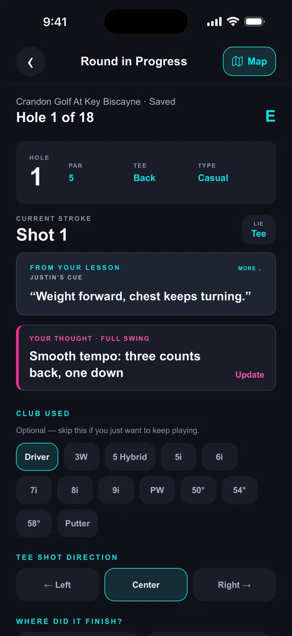 A live round in the app, with Justin’s cue for the hole, on a sample account