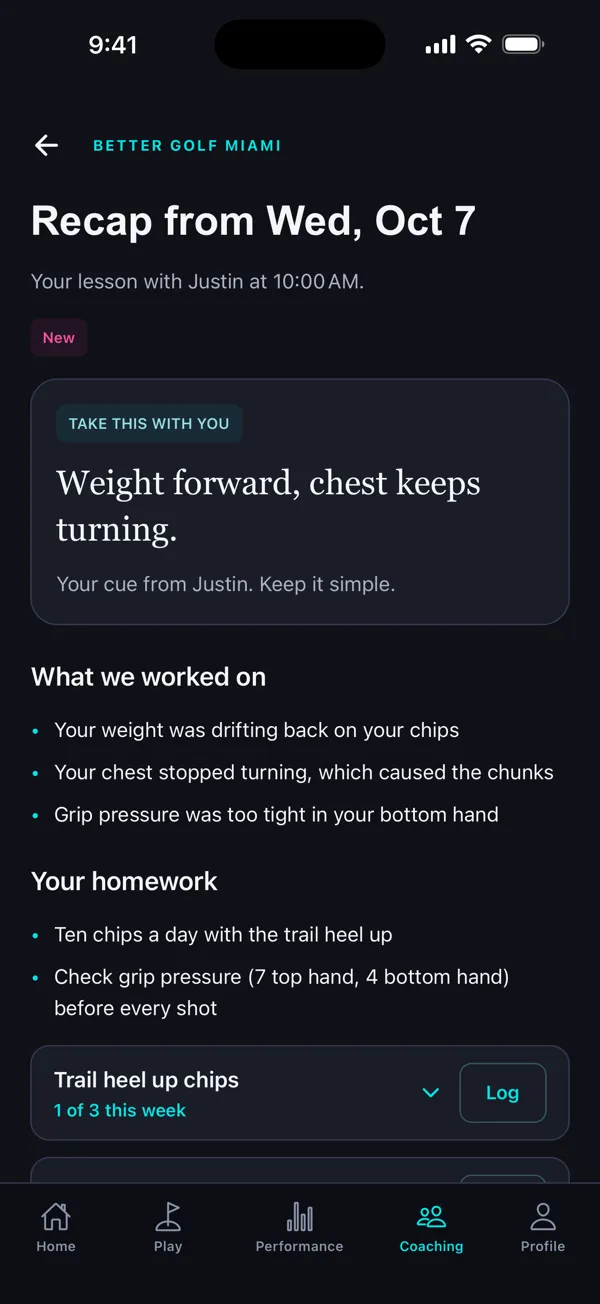 A lesson recap from Justin in the app, on a sample account