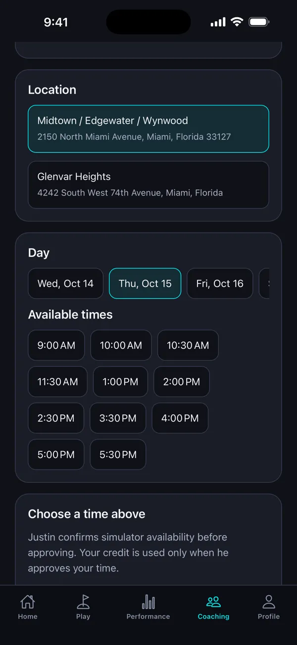 Choosing a lesson time in the app, on a sample account