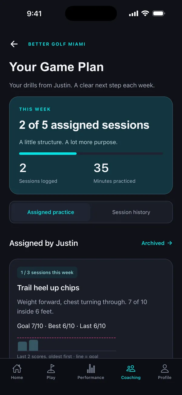 The app’s practice plan with this week’s sessions, on a sample account